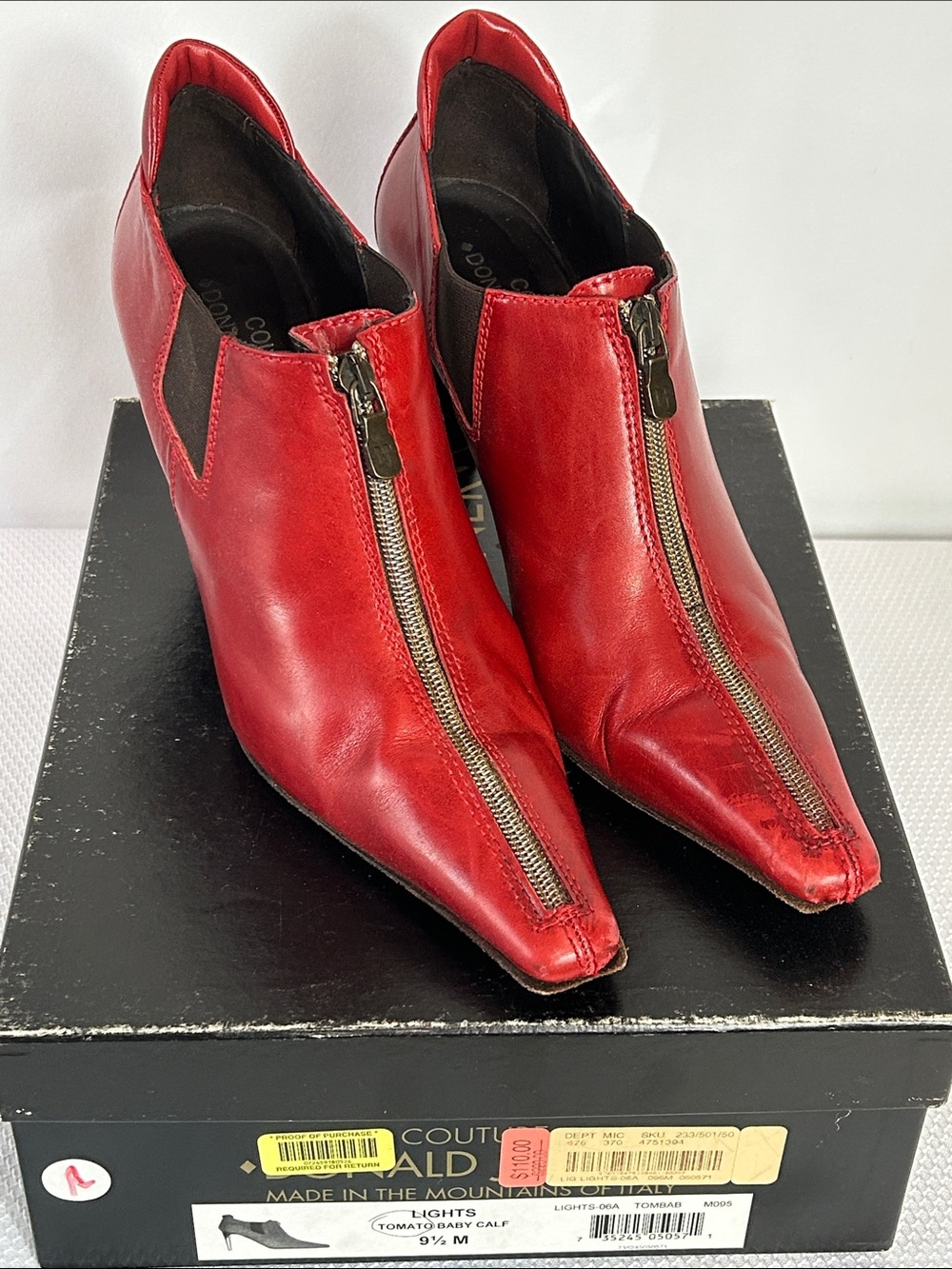 Donald J Pliner women’s Size 9.5 M Red Leather Booties Zip Up Front Heels